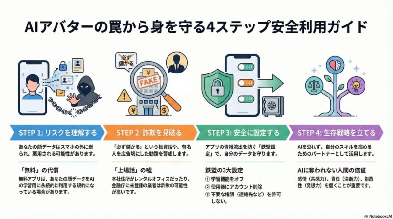 この記事で学べる4つのポイント:データ流出リスク、投資詐欺の見抜き方、安全設定、AI時代の生存スキル