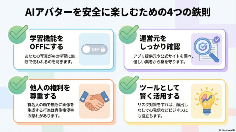 AIアバターを安全に楽しむための4つのポイントまとめ:学習機能オフ、運営確認、権利尊重、賢い活用