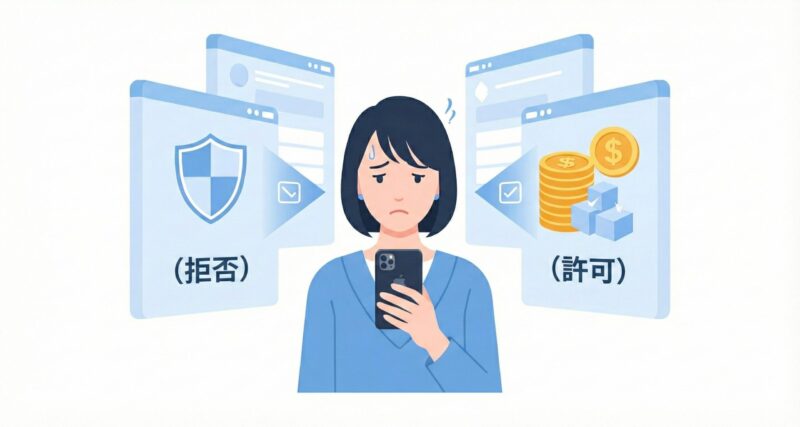 iPhoneのトラッキング要求画面を見て困っている日本人女性と、プライバシー保護の盾や許可・拒否の選択肢を示すアイコンのイラスト。