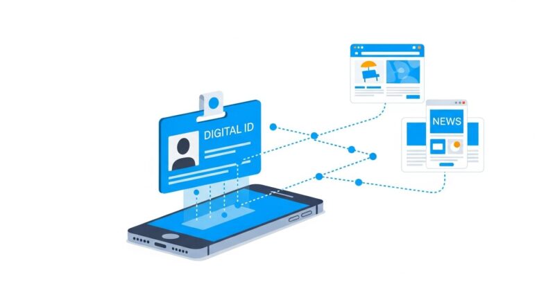 スマートフォンから広告用のデジタルIDカードが読み取られ、ショッピング履歴などのデータが連携される仕組みのイメージ図。