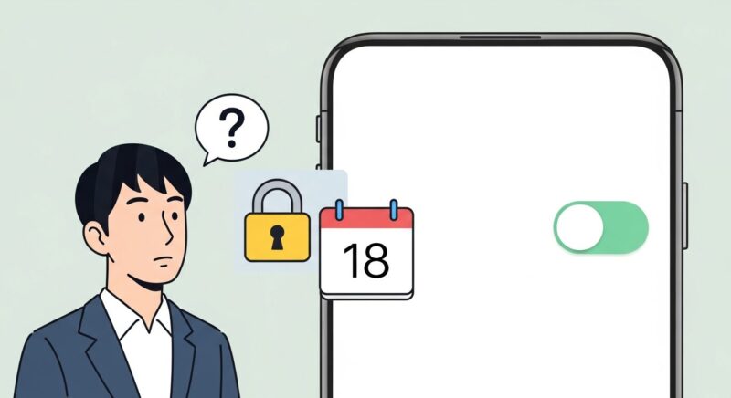 iPhoneの設定画面でスイッチが灰色になって押せない状態と、年齢制限を示すカレンダーやロックのアイコン。