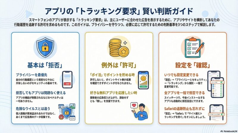 トラッキング要求との付き合い方まとめ。1.基本は拒否、2.例外は許可、3.困ったら年齢確認、の3ポイントを整理したチェックリスト画像。