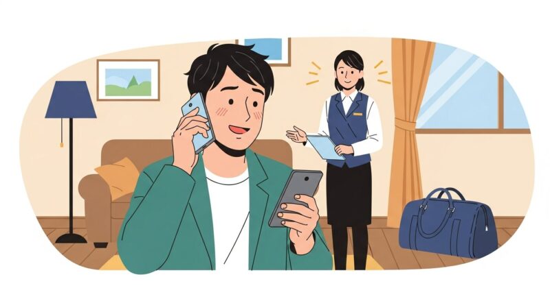ホテルに電話で予約確認を行い、無事を確認して安心した笑顔で通話する男性のイラスト。