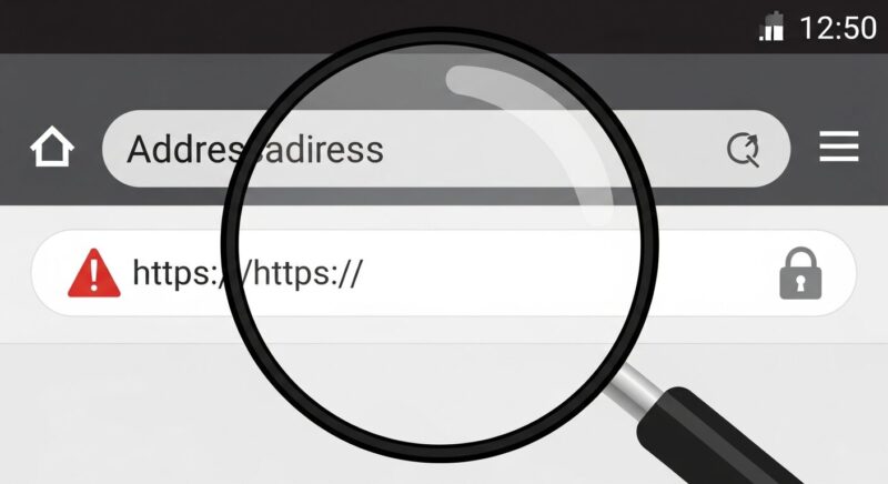 スマートフォンのアドレスバーを虫眼鏡で拡大し、安全なURLと危険なURLを確認しているイラスト。