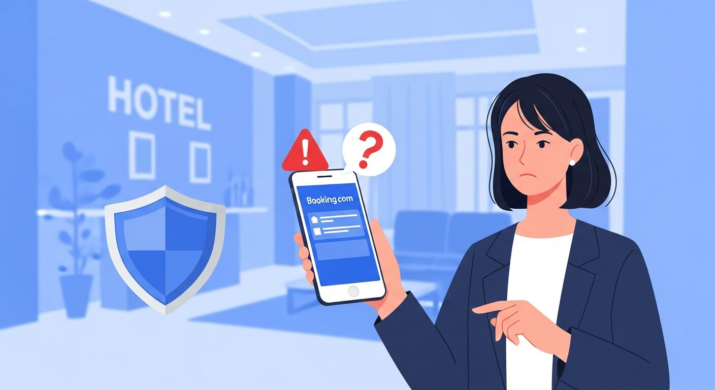 スマートフォンの旅行アプリに表示された警告メッセージを見て困惑する女性と、セキュリティ対策を示す盾のイラスト。