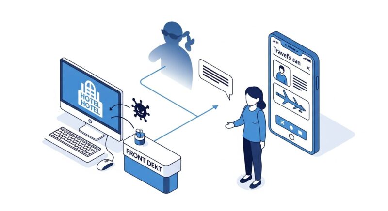 ホテルの管理用パソコンがハッキングされ、旅行者のスマホアプリへなりすましメッセージが送られる仕組みの図解。