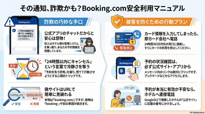 Booking.com詐欺対策の要点まとめ:偽URLの見分け方とカード緊急停止手順のチャート図