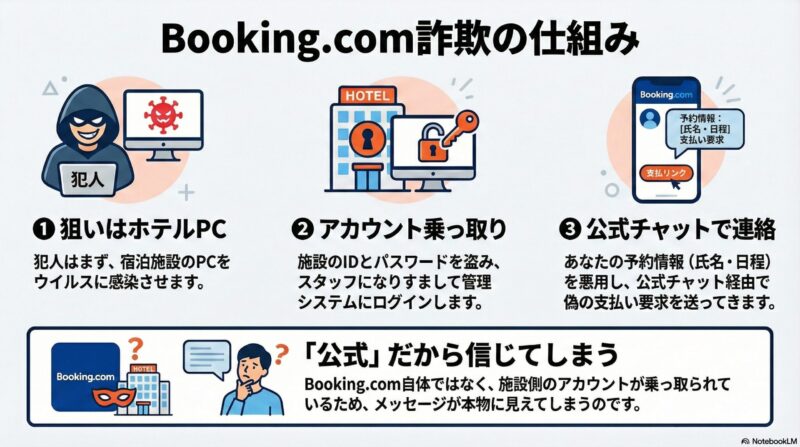 「犯人 → ホテルのPC(乗っ取り) → ユーザー」という詐欺の構図を図解