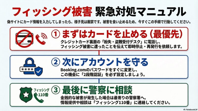 「カード停止 → パスワード変更 → 警察へ連絡」という行動の順番を図解