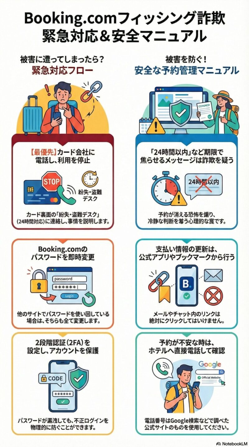 フィッシング詐欺被害時の緊急対応3ステップ。カード停止、パスワード変更、警察への連絡の流れ。