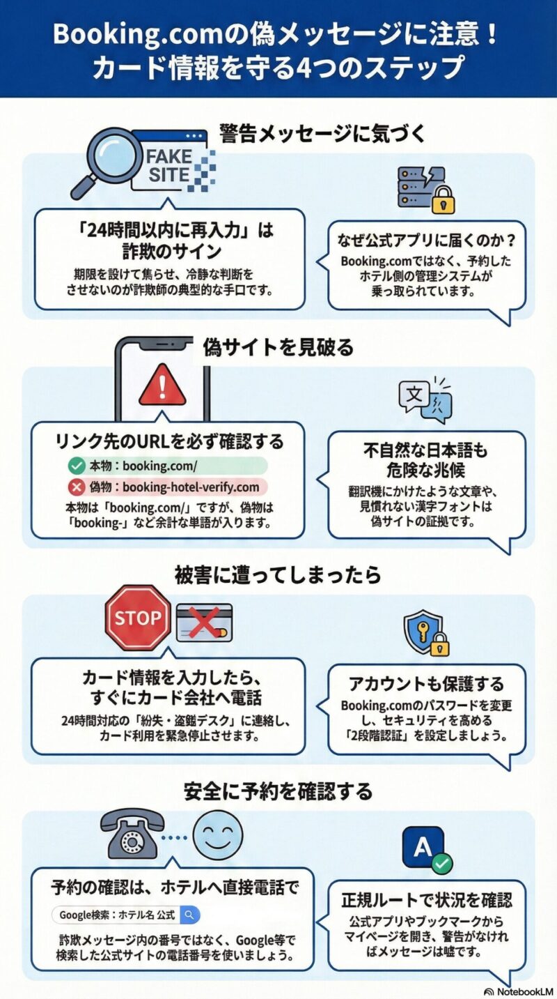 Booking.com詐欺対策の記事概要マップ。偽サイトの見分け方から緊急対処法までの4つのポイント図解。