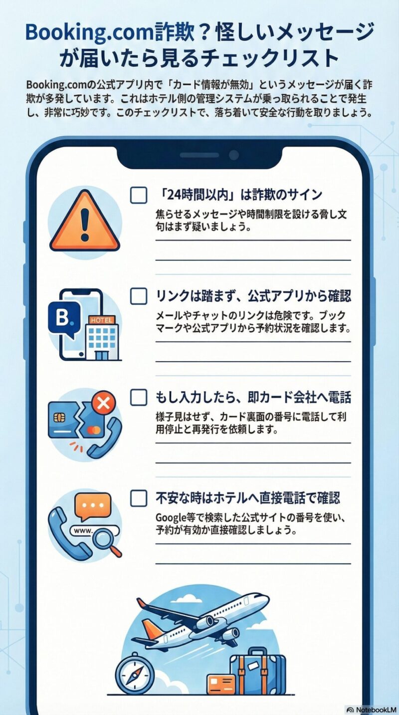  Booking.com詐欺に遭わないための4つの鉄則まとめチェックシート。