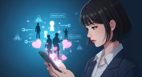 スマートフォンを見つめる日本人女性と、画面から浮かぶAI彼氏のイメージ、背景にセキュリティリスクを示唆するデジタルの鍵穴。