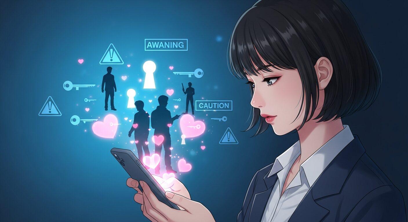スマートフォンを見つめる日本人女性と、画面から浮かぶAI彼氏のイメージ、背景にセキュリティリスクを示唆するデジタルの鍵穴。