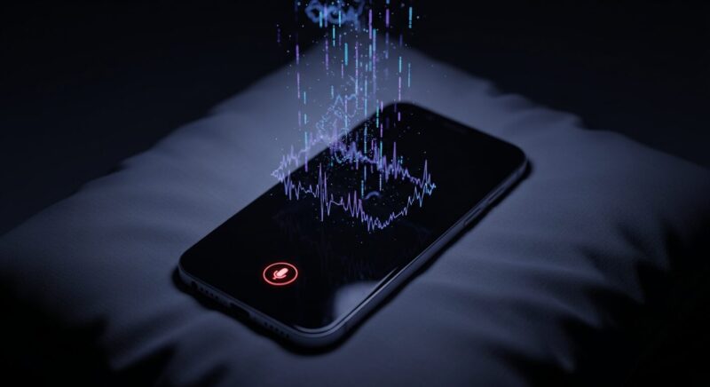 枕元に置かれたスマートフォンからマイク機能を通じて音声データが波形として流出しているイメージイラスト。