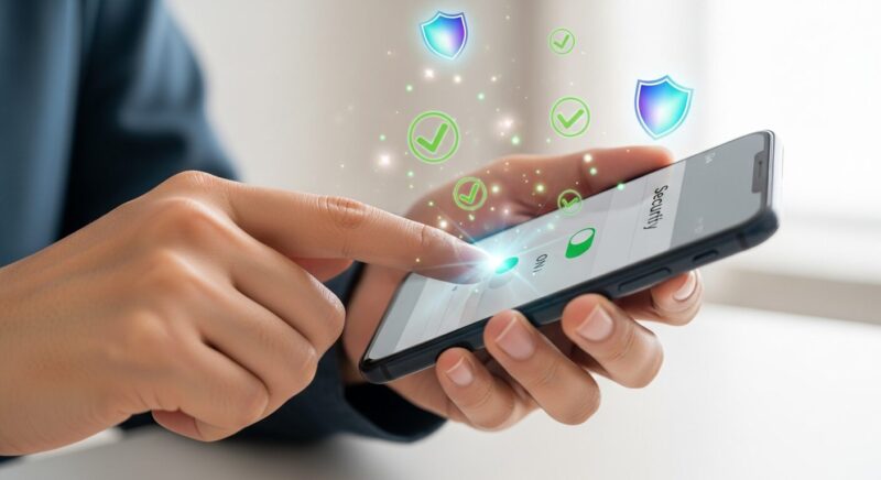 スマートフォンのプライバシー設定を操作してセキュリティを有効にし、安全を確保している様子のイメージ。