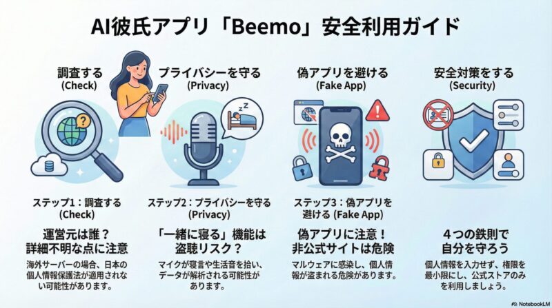 この記事でわかる4つのポイント（運営元の調査、マイクのプライバシーリスク、偽アプリの回避、安全なセキュリティ対策）を示すアイコン図解。