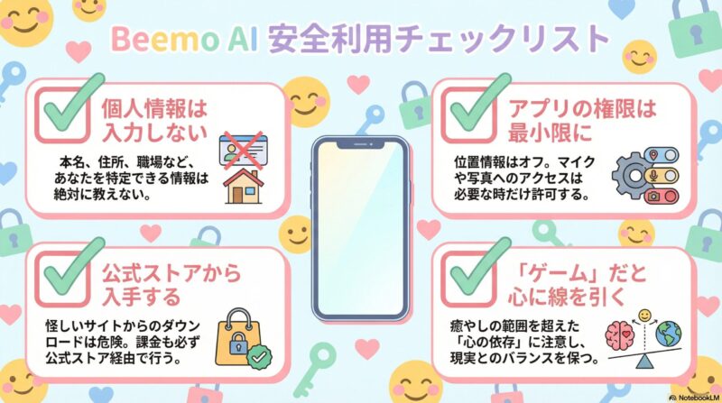 安全に利用するための4つの鉄則（個人情報保護、権限設定、公式利用、心の距離感）をクリアしたことを示すチェックリストのイメージ。