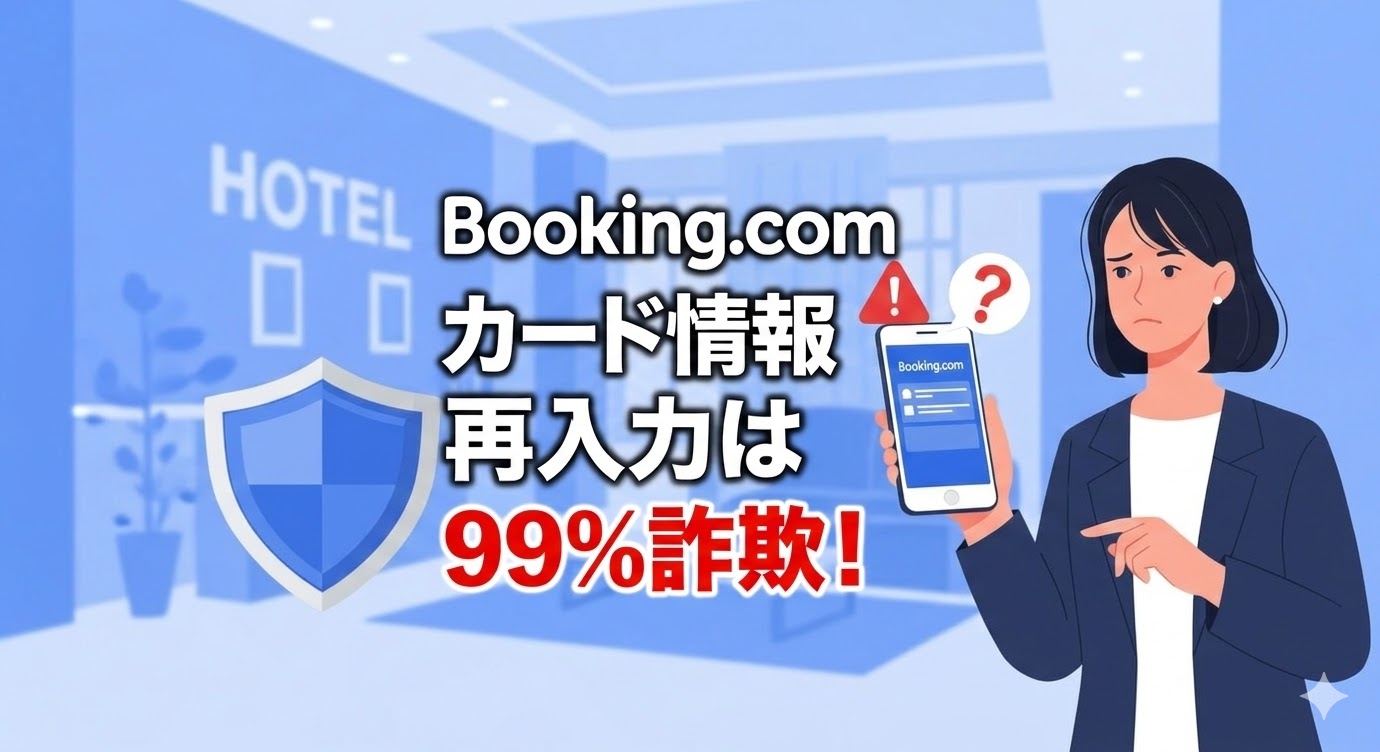 スマートフォンの旅行アプリに表示された警告メッセージを見て困惑する女性と、セキュリティ対策を示す盾のイラスト