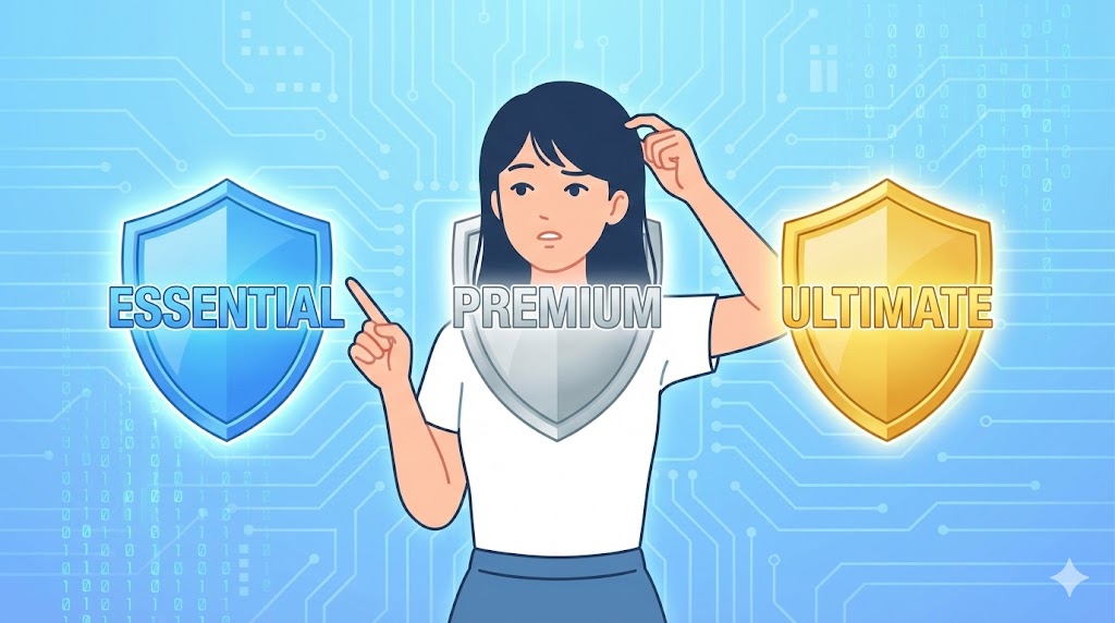 SET HOMEセキュリティの新プラン3種（エッセンシャル、プレミアム、アルティメット）を比較し、どれがいいか悩んでいる女性のイラスト。