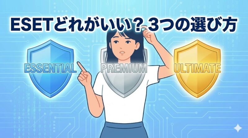 SET HOMEセキュリティの新プラン3種（エッセンシャル、プレミアム、アルティメット）を比較し、どれがいいか悩んでいる女性のイラスト。