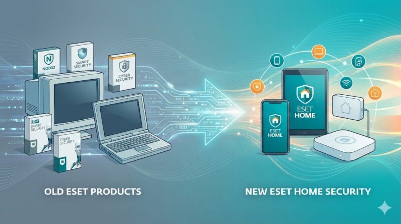 旧ESET製品から新ESET HOMEセキュリティへの進化と移行をイメージしたイラスト。
