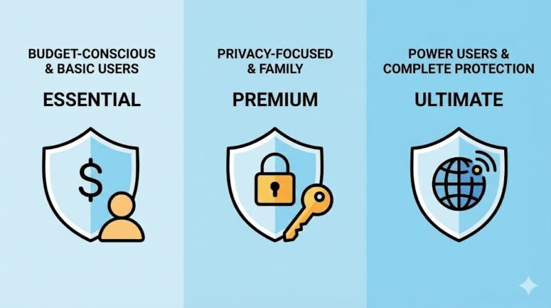 ESETの3つのプラン（エッセンシャル、プレミアム、アルティメット）それぞれに適したユーザータイプを象徴するアイコン。
