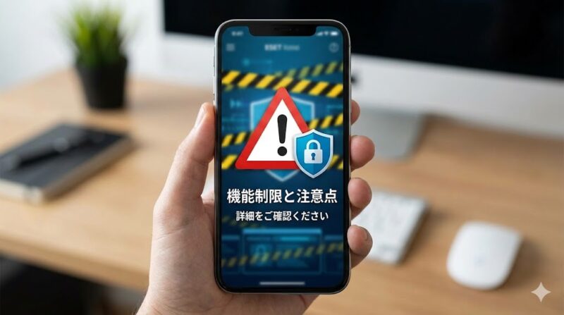 スマートフォン上の警告アイコン。ESETの機能制限や注意点をイメージさせる画像