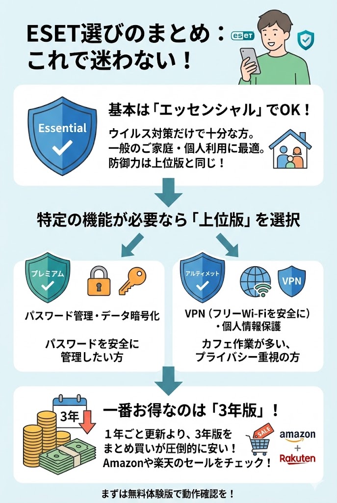 ESET選びのまとめ：基本はエッセンシャル、機能で上位版を選択、3年版購入がお得であることを示す図解。