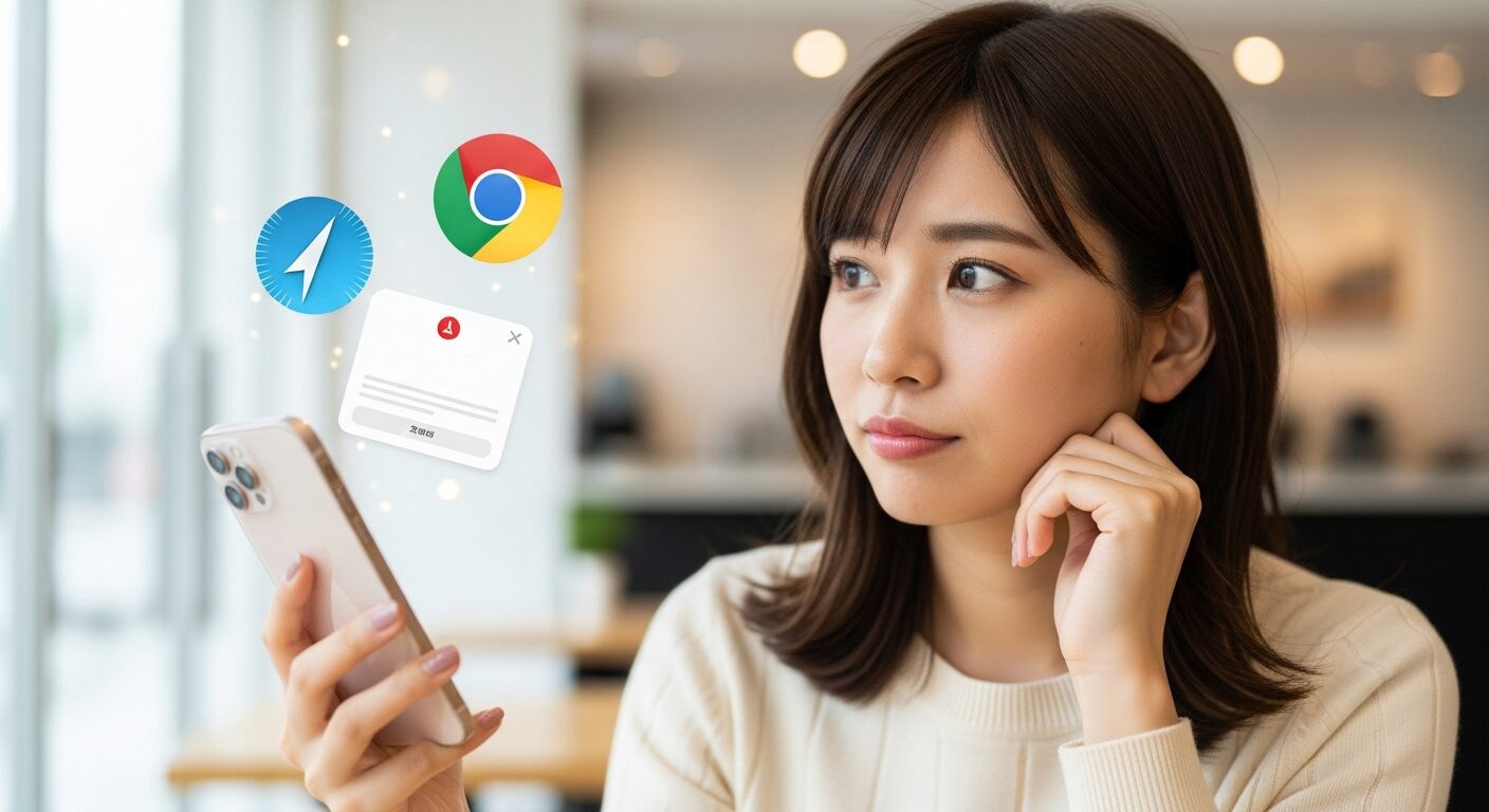 iPhoneのブラウザ選択画面を見て困惑する女性と、解決を示唆するブラウザのイメージアイコン。