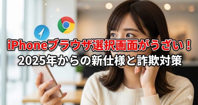 iPhoneのブラウザ選択画面を見て困惑する女性と、解決を示唆するブラウザのイメージアイコン。