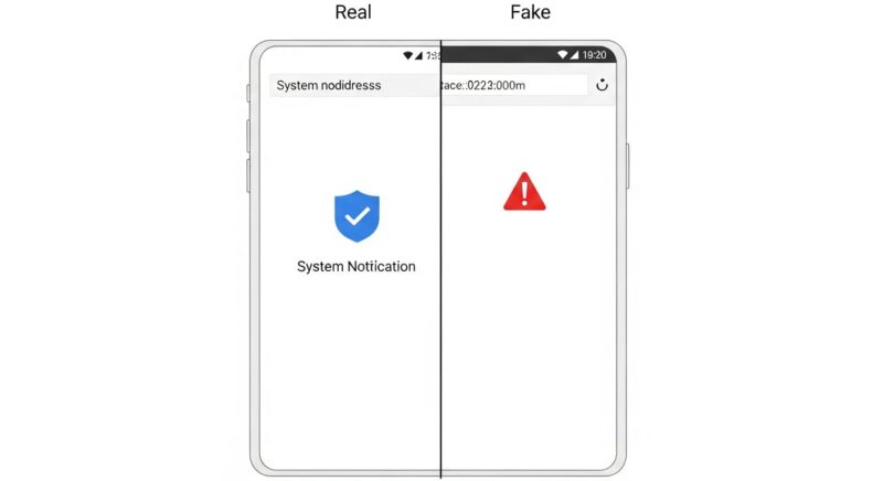 iPhoneのブラウザ選択画面における本物(システム通知)と偽物(詐欺サイト)の視覚的な違い。