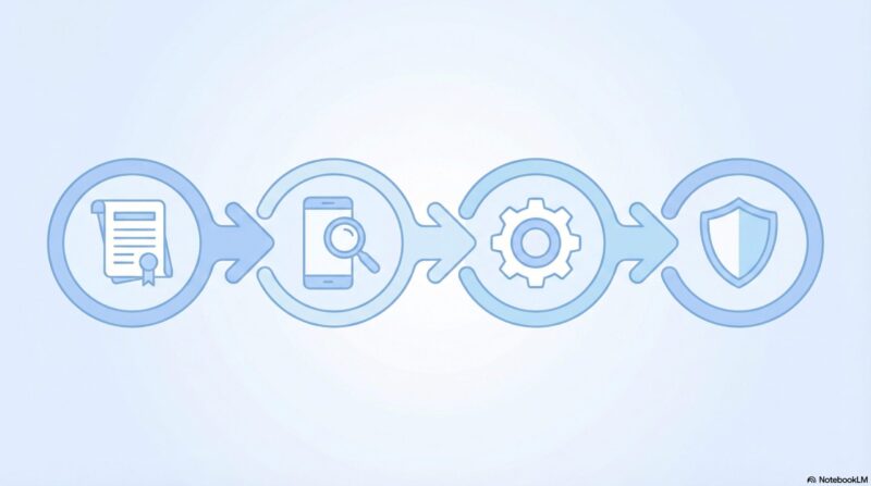 iPhoneブラウザ選択画面の対策4ステップ。原因理解、偽物確認、設定変更、セキュリティ対策の流れ図。