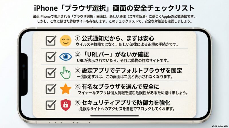 iPhoneブラウザ選択画面への対処法まとめチェックリスト。公式確認、偽物判別、設定固定などの重要ポイント。