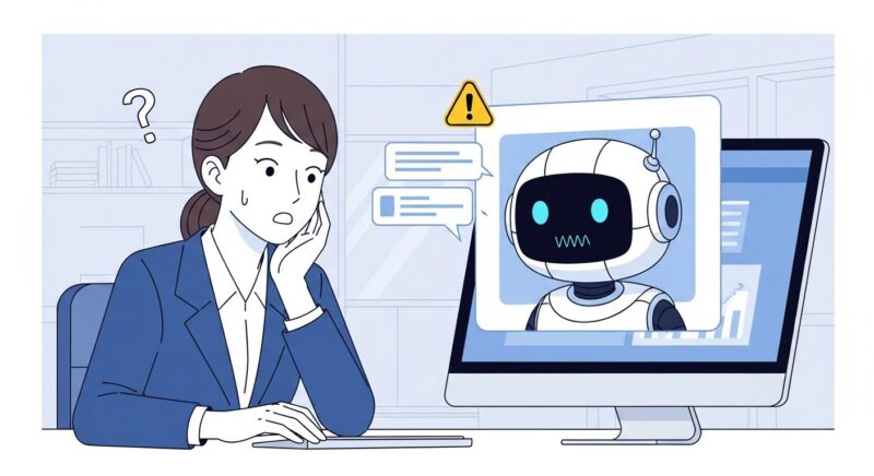 Web会議の画面に突然現れたAIボットに驚く日本人女性ビジネスパーソン。