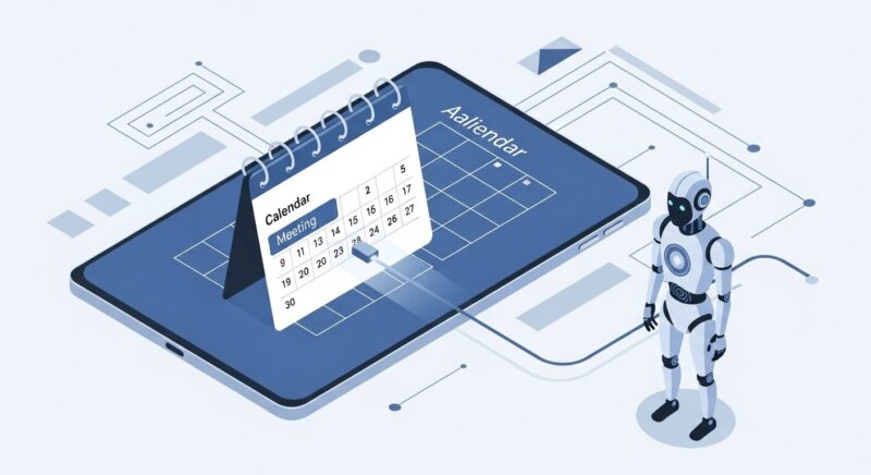 カレンダーの予定とAIボットがシステム連携し、自動的に起動する仕組みを表したイメージ図。