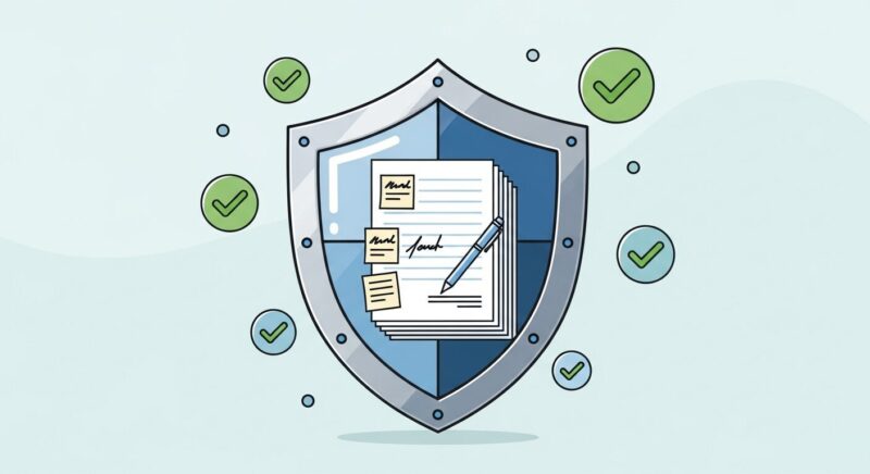 強固なセキュリティシールドに守られ、安全に議事録を作成できるツールのイメージ。