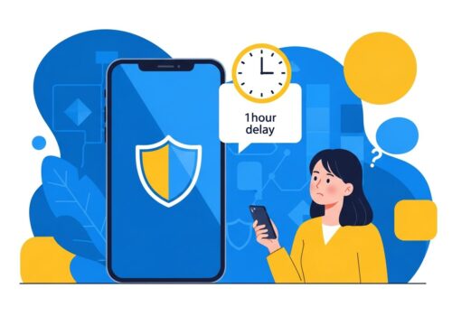 盾のアイコンが表示されたiPhoneを持ち、困惑した表情で時計を見ている若い日本人女性のイラスト。背景にはセキュリティをイメージする青いロックのアイコン。