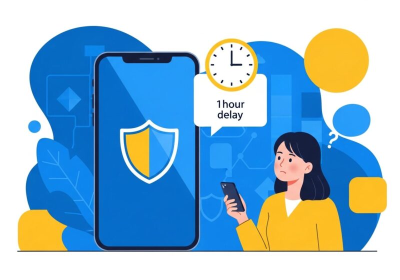 盾のアイコンが表示されたiPhoneを持ち、困惑した表情で時計を見ている若い日本人女性のイラスト。背景にはセキュリティをイメージする青いロックのアイコン。