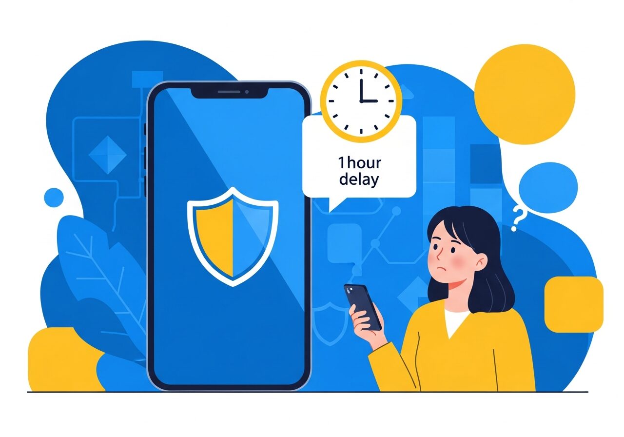 盾のアイコンが表示されたiPhoneを持ち、困惑した表情で時計を見ている若い日本人女性のイラスト。背景にはセキュリティをイメージする青いロックのアイコン。