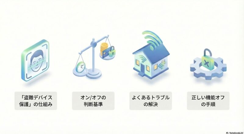 iPhoneの盗難保護機能に関する4つのポイントを示すインフォグラフィックのベース画像。仕組み、メリット、トラブル解決、解除手順を表す4つのアイコンが並んでいる。