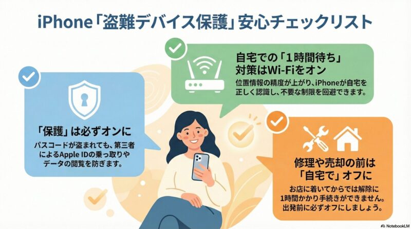 iPhone盗難デバイス保護の利用ポイントまとめ。オンにすること、Wi-Fiの活用、修理前の注意点をチェックリスト形式で表現したイラスト。