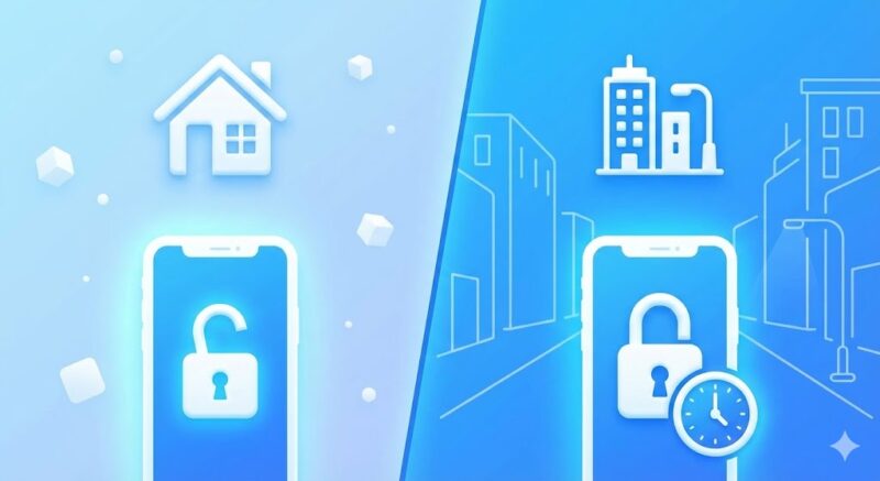 画面左側に「家」のアイコンと開いた南京錠、画面右側に「外出先(ビル街)」のアイコンと時計付きの閉じた南京錠。場所によるセキュリティの違いを表す図。