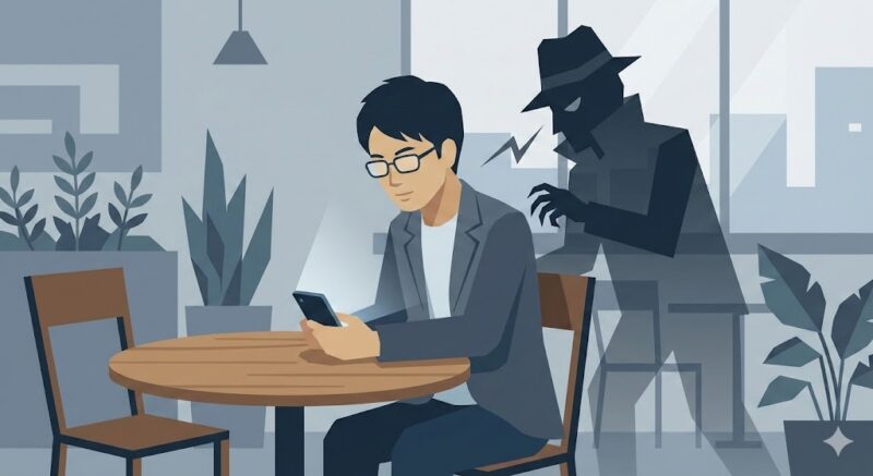 カフェでiPhoneを操作するユーザーの背後から、暗い影(ハッカー)が画面を覗き込んでいる様子。パスコードが盗まれるリスクを表現したイラスト。