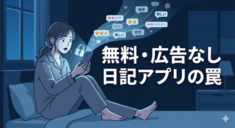 無料・広告なし日記アプリの罠に驚く女性のイラスト