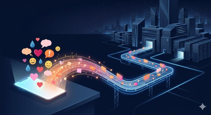 スマホから抜き取られた感情データが企業へ送られていくイメージ