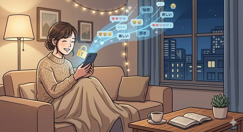 セキュリティの守られた安全な日記アプリを使い、リラックスして過ごす女性