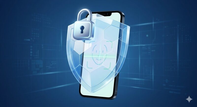 生体認証と暗号化シールドで強固に守られたスマートフォンのイメージ