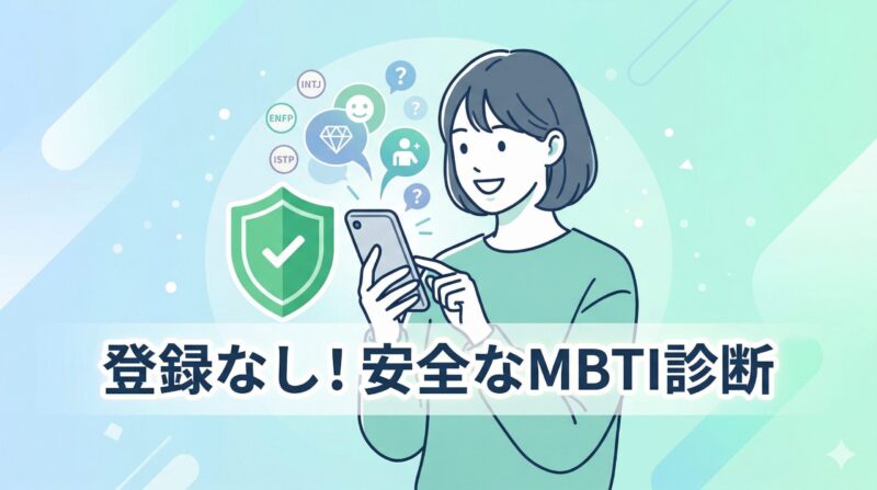 登録なし!安全なMBTI診断というキャッチコピーと、笑顔でスマホを操作する若者のイラスト。無料で安全に性格診断を楽しむ方法を解説。