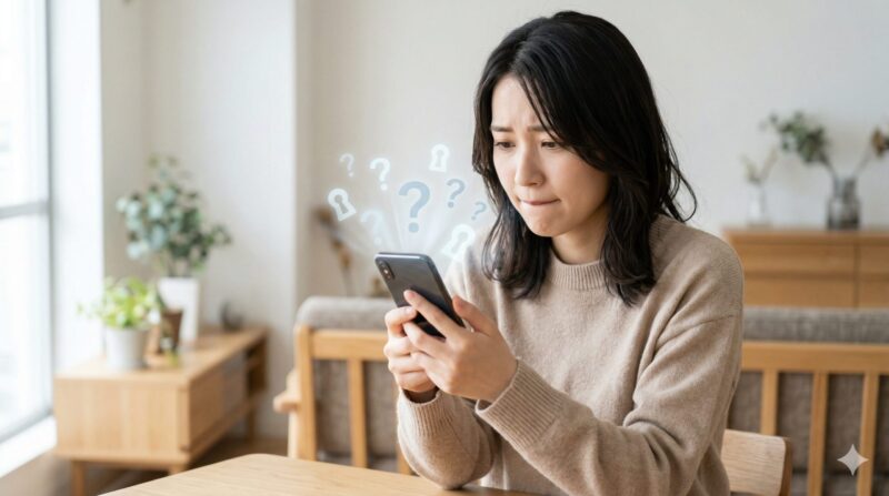 スマートフォンを見つめながら、個人情報の入力やセキュリティに不安を感じてためらっている20代日本人女性の様子。